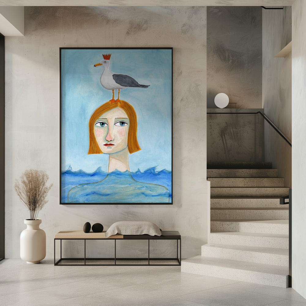 Nude Lady in Ocean with Seagull | Poster