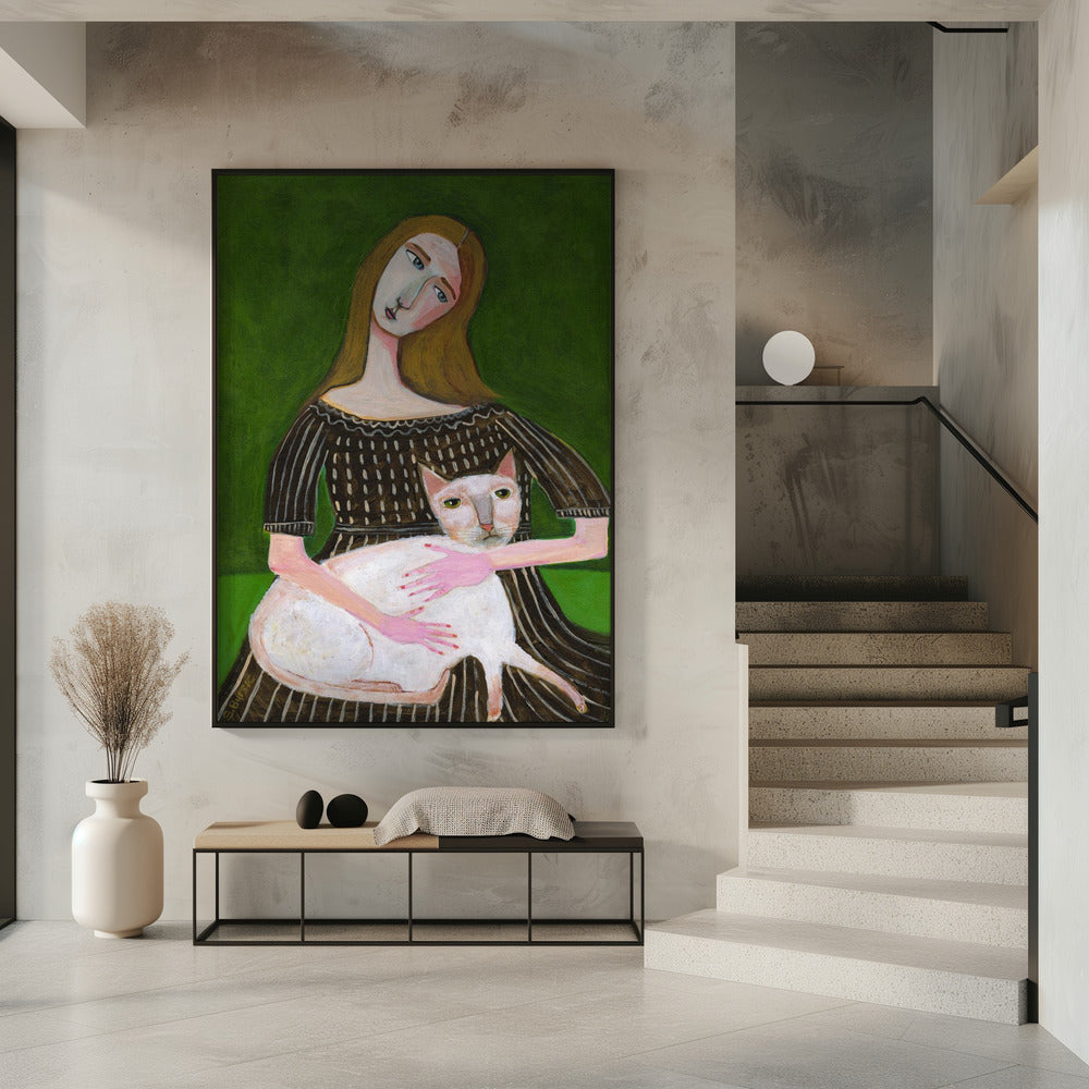 vintage lady with white cat | Poster