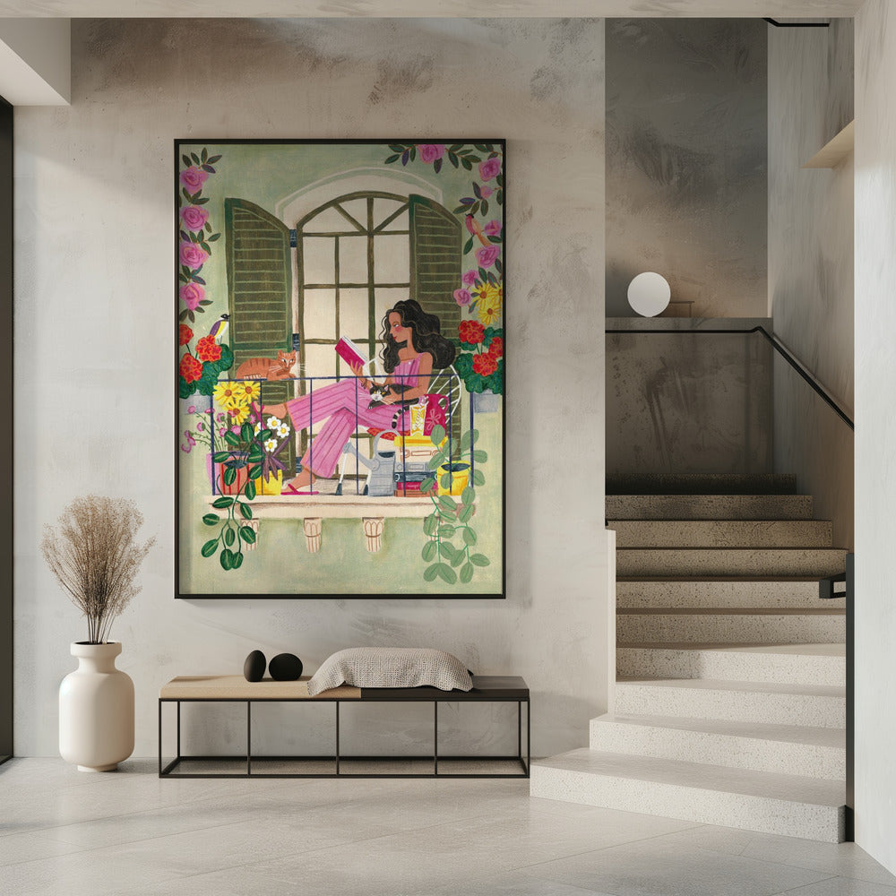 Woman reads on balcony | Poster