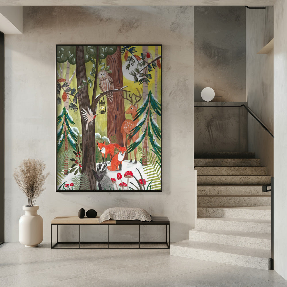 Green Christmas forest with animals | Poster