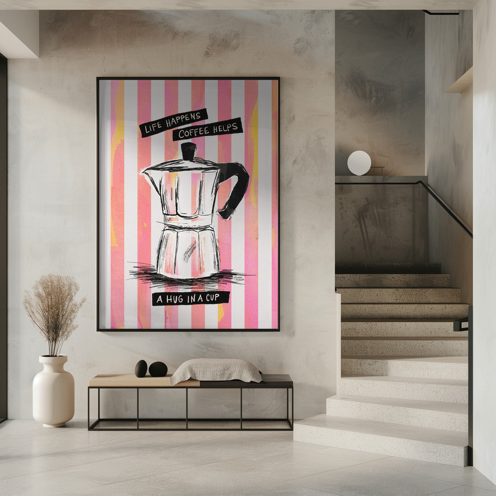 Mocca Coffee on Stripes - Hug in a Cup | Poster