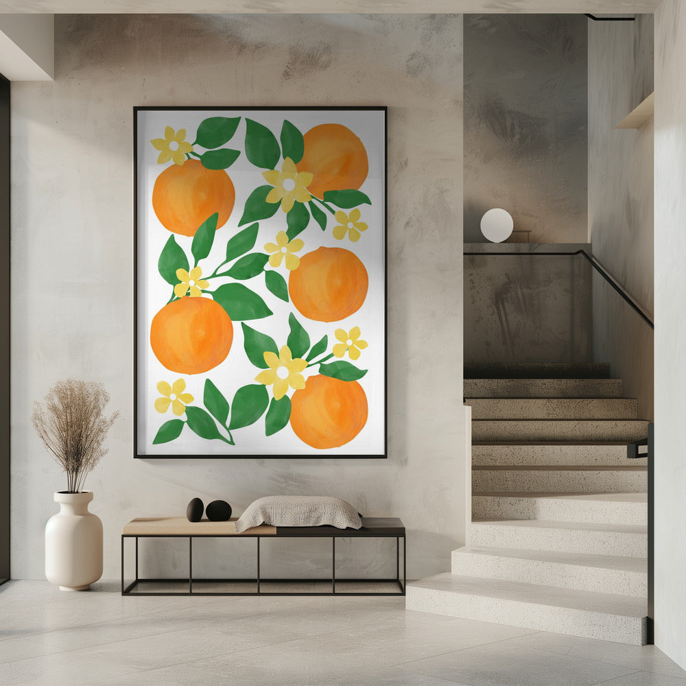 Oranges with Green Leaves and Delicate Yellow Flowers | Poster