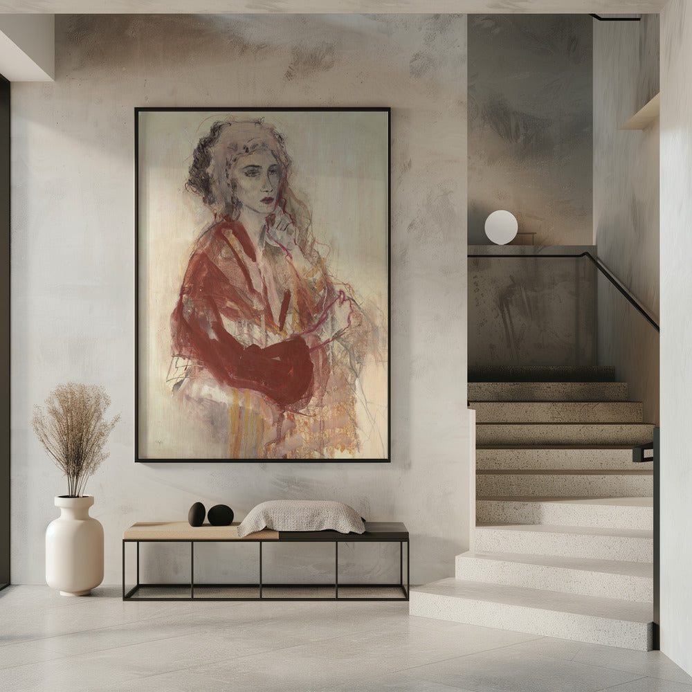 Contemplative Woman In Warm Red Tones | Poster