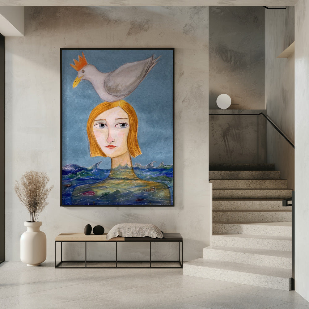 Lady swimmer with seagull | Poster