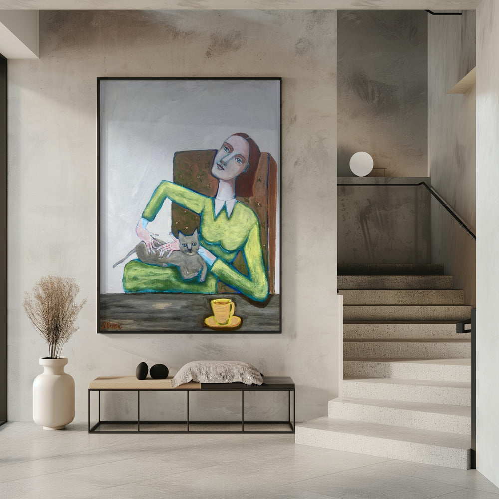 Lady tickling grey cat in chair | Poster