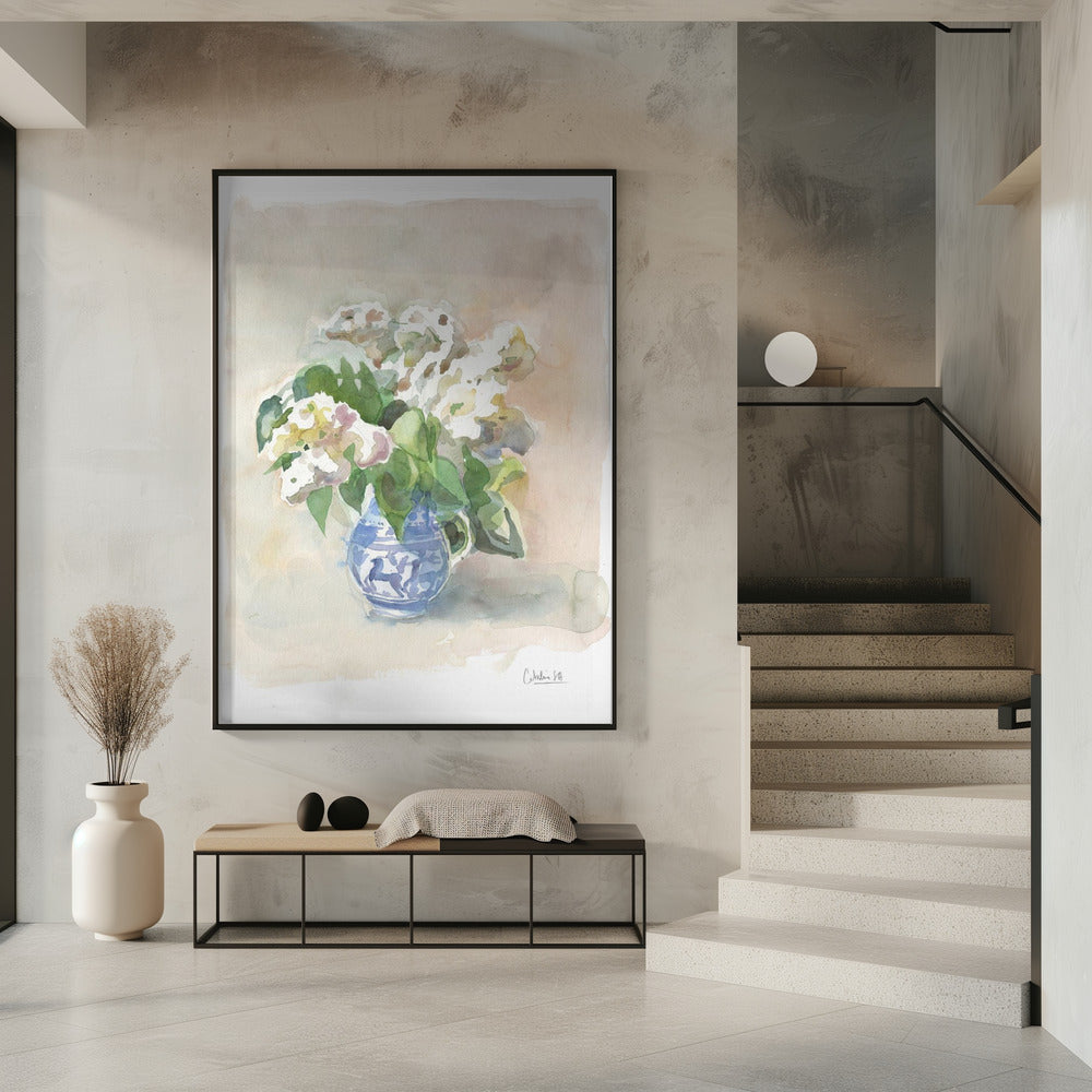 White lilacs in a vase watercolor. | Poster