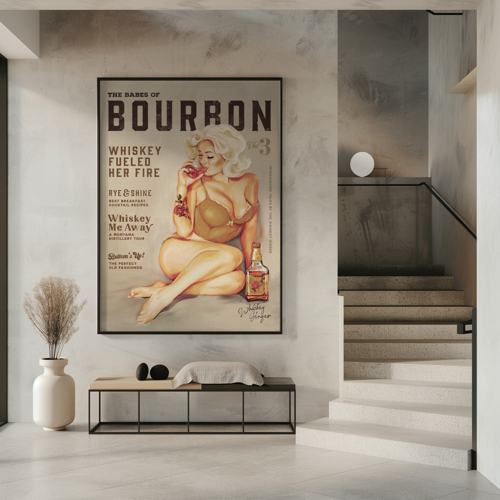 Bourbon Wall Art. Sexy Vintage Pin Up Girl Drinking Whiskey | Poster