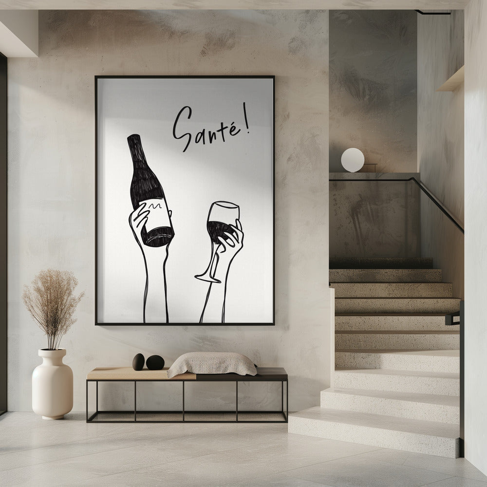 Hands holding a wine bottle and a wine glass with the text &quot;Cheers!&quot; in French | Poster