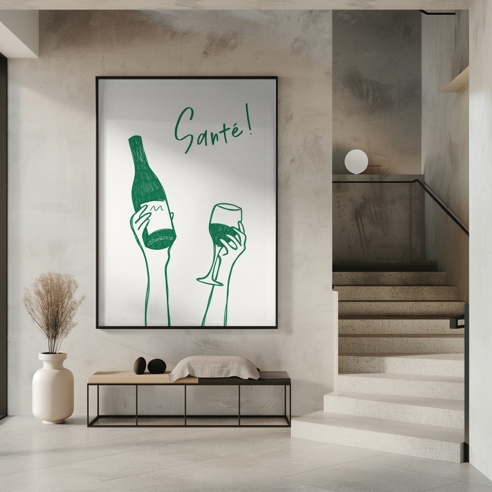Hands holding a wine bottle and a wine glass with the text &quot;Cheers!&quot; in French | Poster