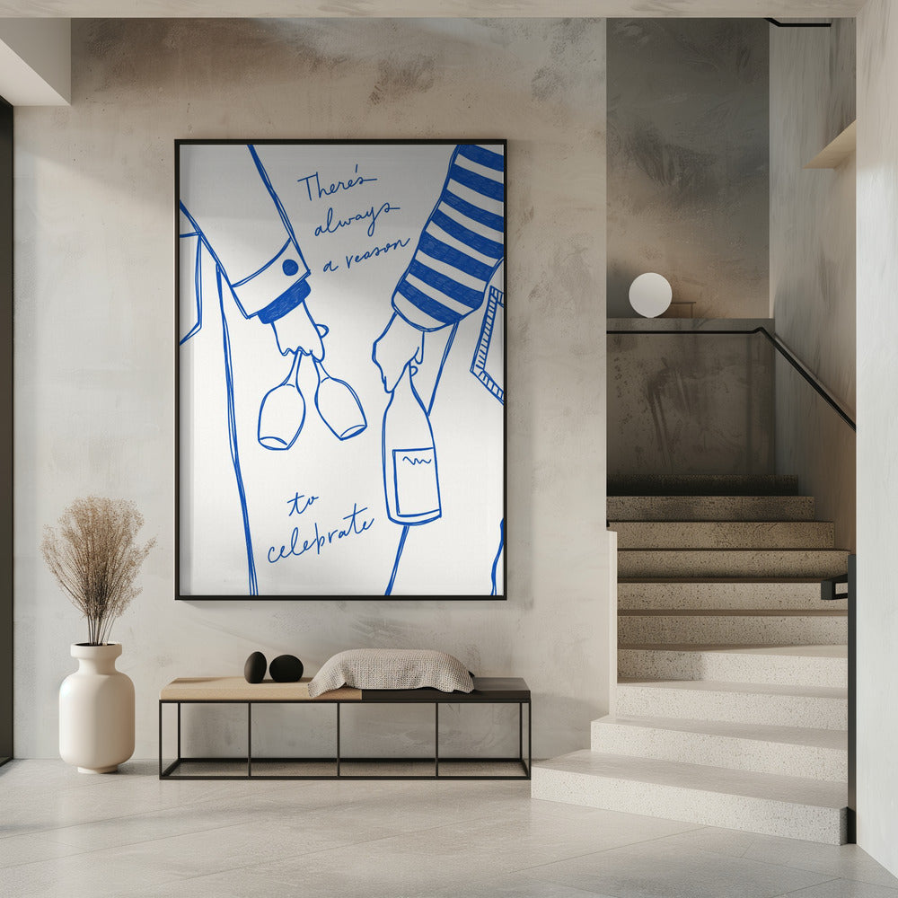 Woman holding wine bottle and wine glass (Blue) - Wine Vin Femme Bleu | Poster