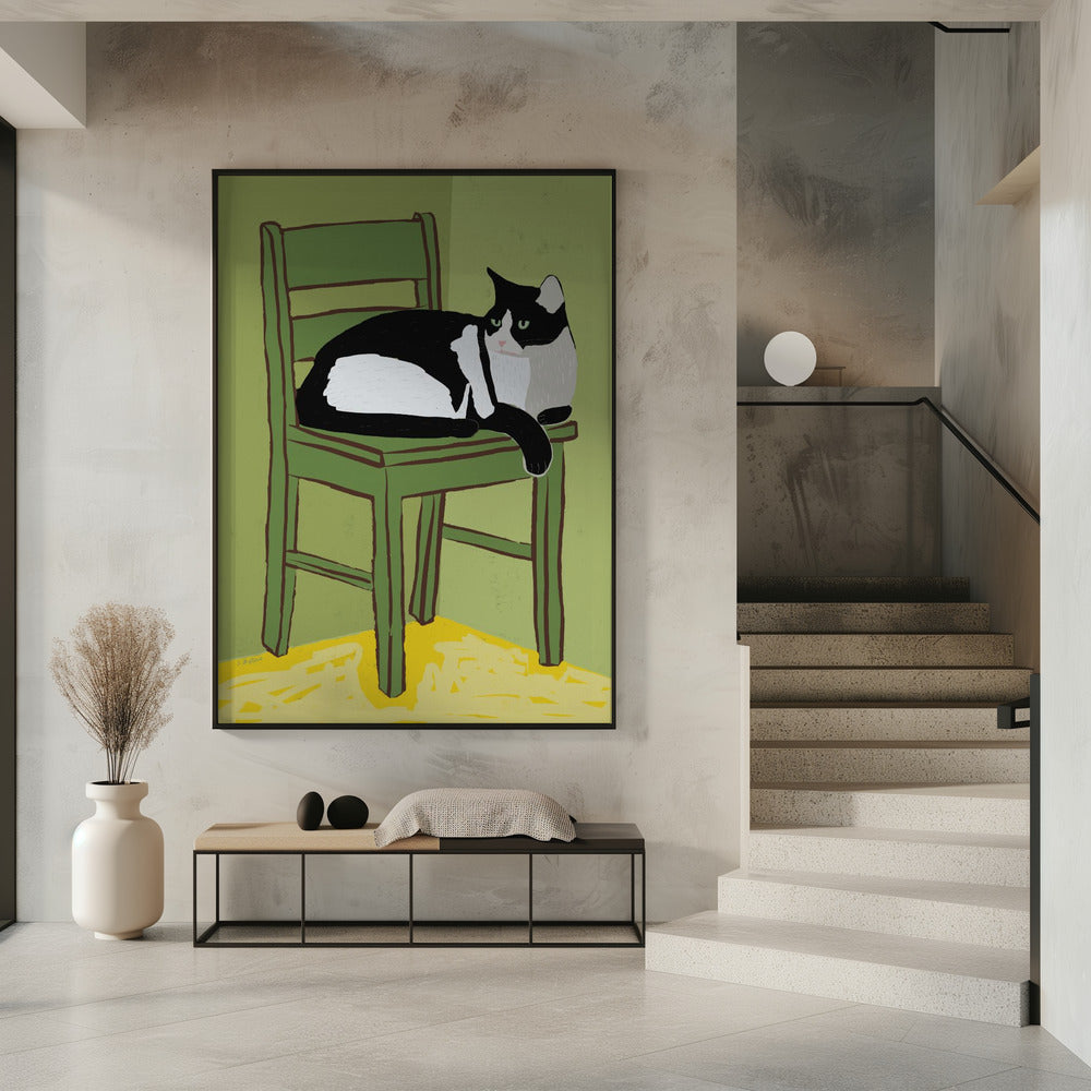 Tuxedo cat sitting on chair | Poster