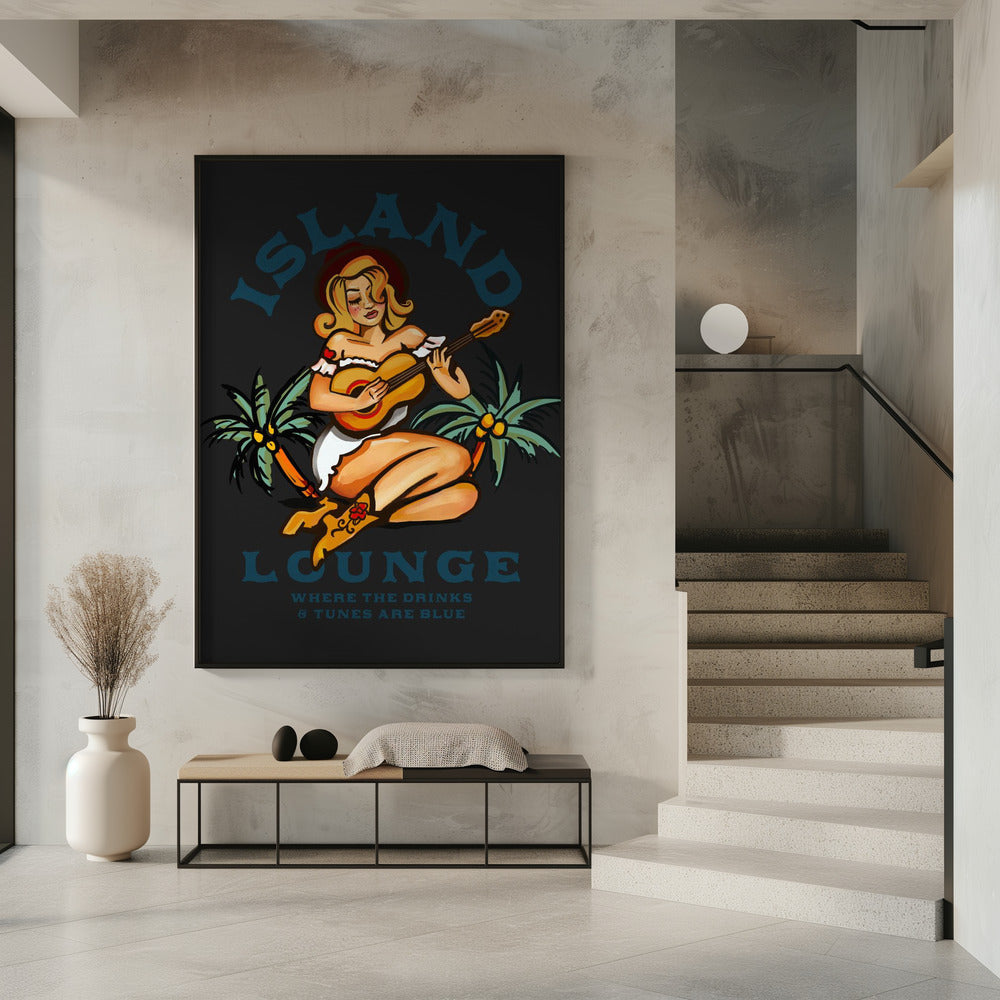 Island Lounge Tropical Pin Up Girl Playing Guitar | Poster