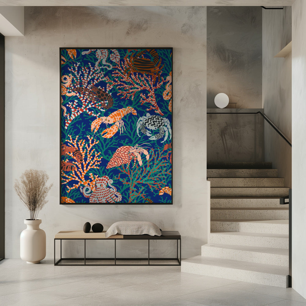 Vibrant coral reef blue and orange pattern | Poster