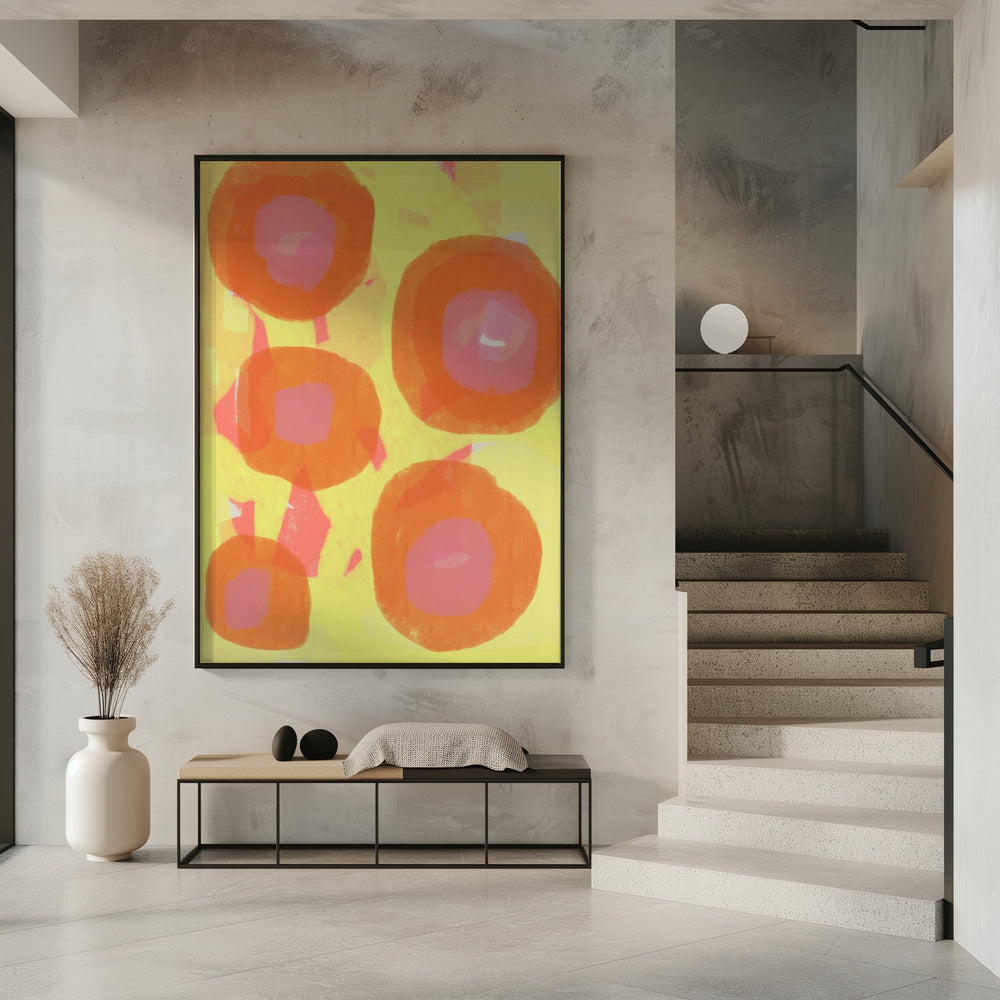 Abstract Painting. Boho roses in orange and pink on yellow. | Poster