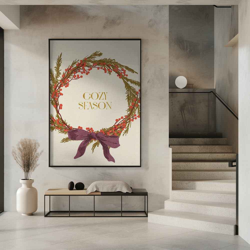 Cozy Season. Christmas wreath with bow | Poster