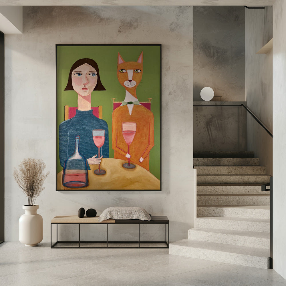 Lady and Cat Drinking Wine | Poster