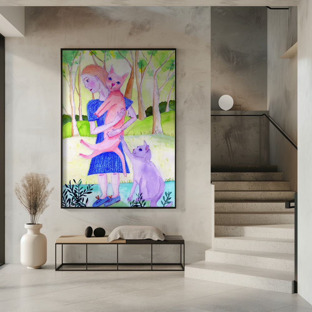 Lady with the pink and blue cat. | Poster