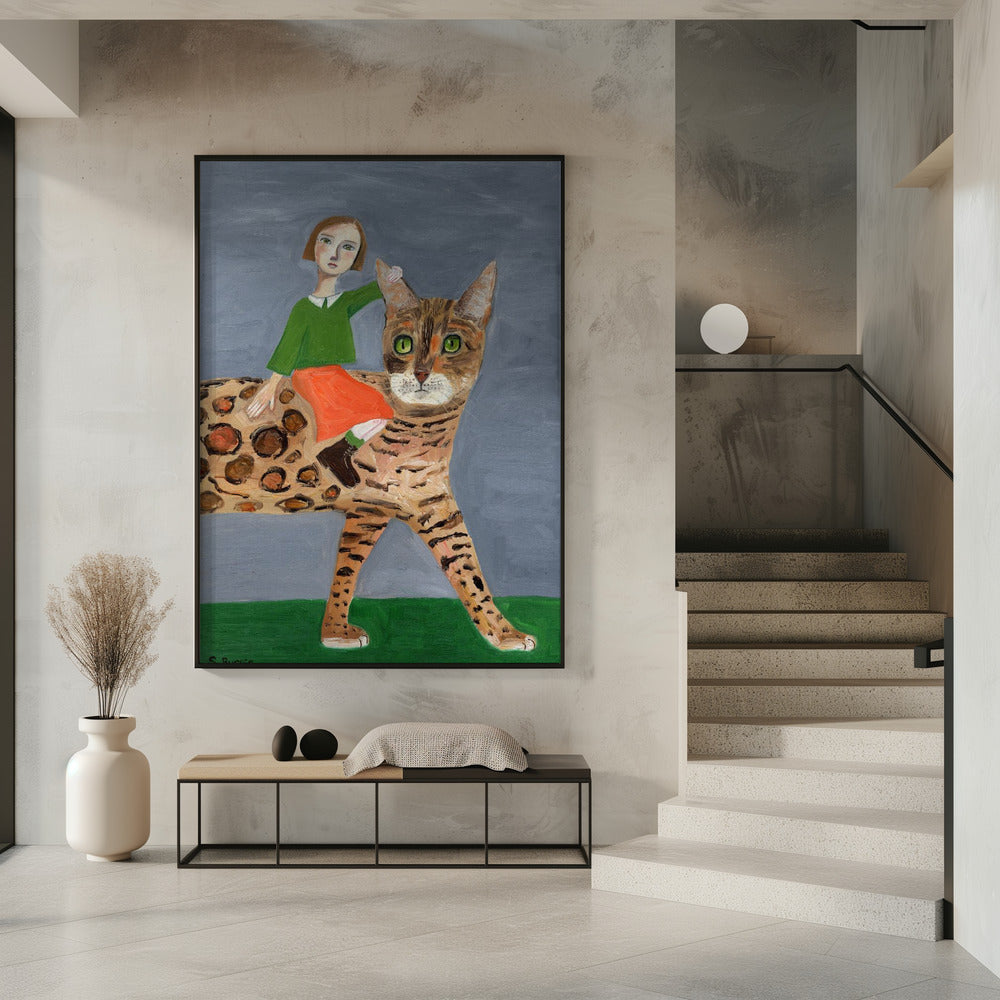 Girl on Bengal Cat | Poster