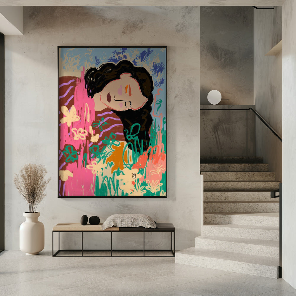 Expressive Figure Surrounded By Colorful Flowers | Poster