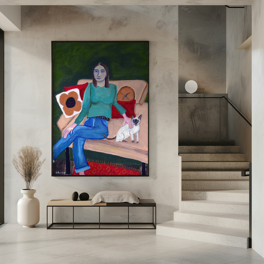 Lady sitting with Siamese Cat | Poster
