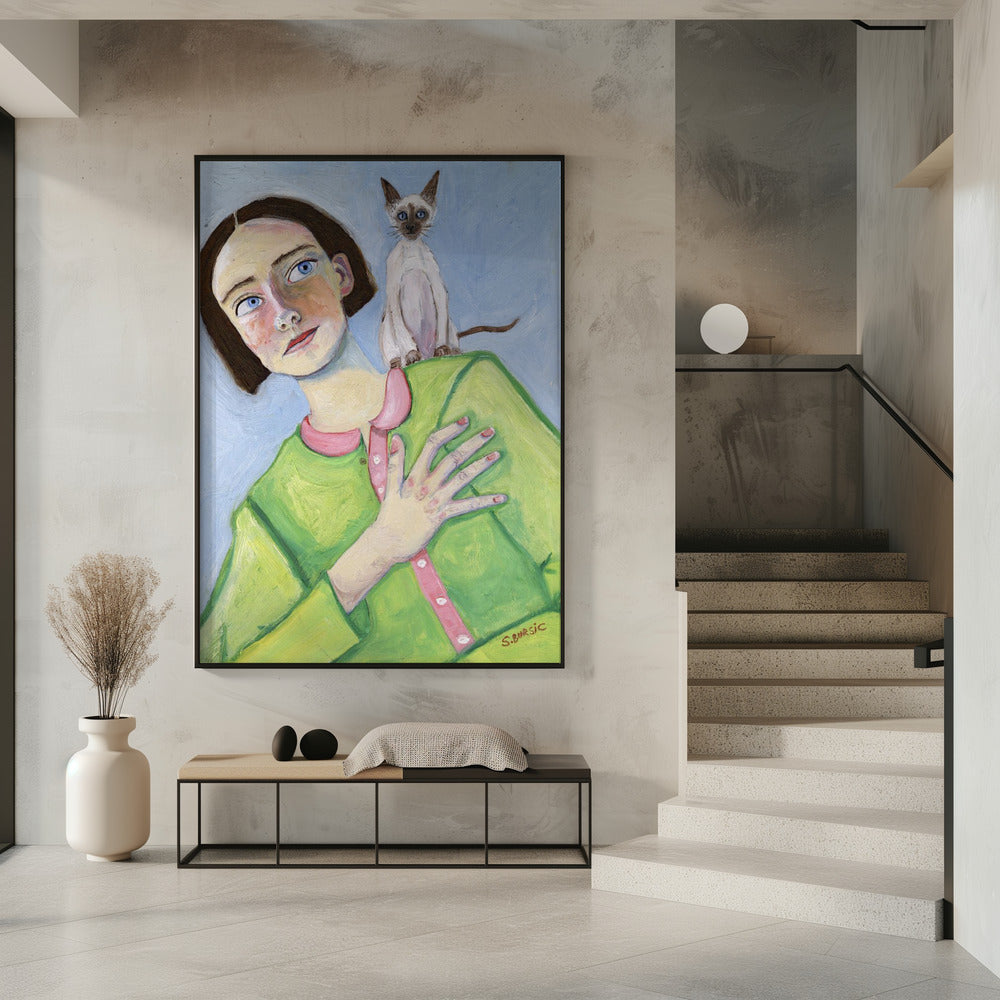 Girl with cat on shoulder | Poster