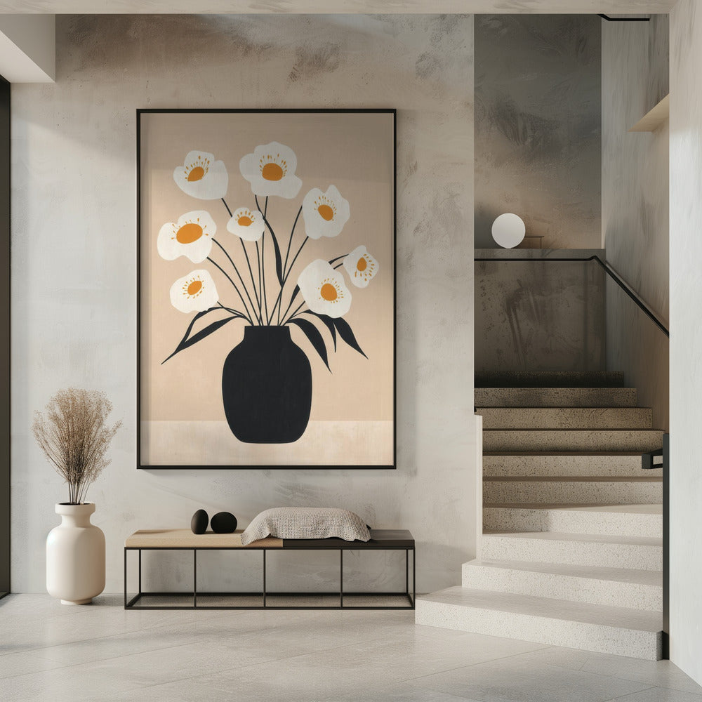 White Flowers in Black Vase | Poster