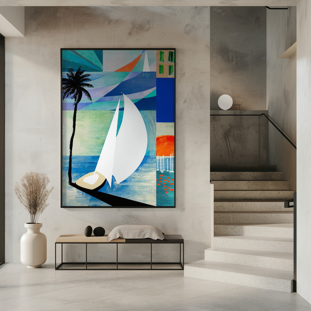 Colourful Mediterranean Travel Art Print With Sunrise And Palm Tree | Poster