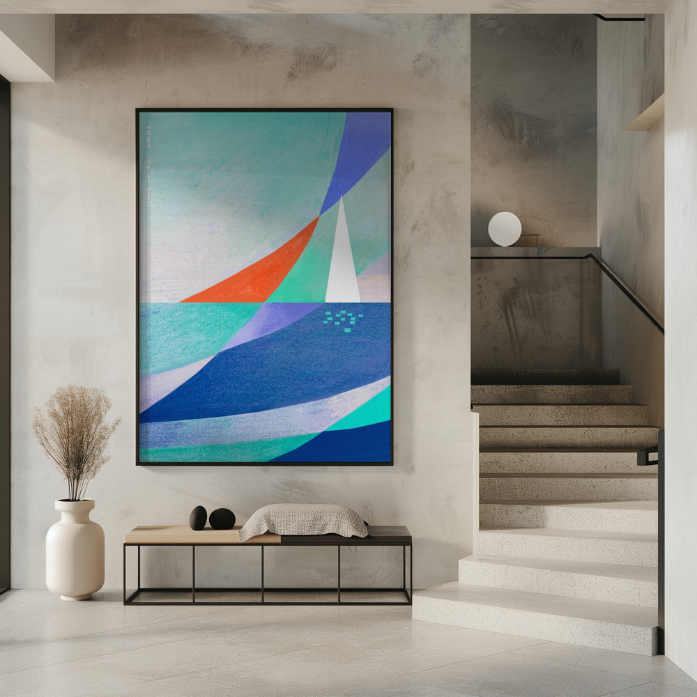 Abstract Ocean Art With Minimalist White Sailboat On The Sea | Poster
