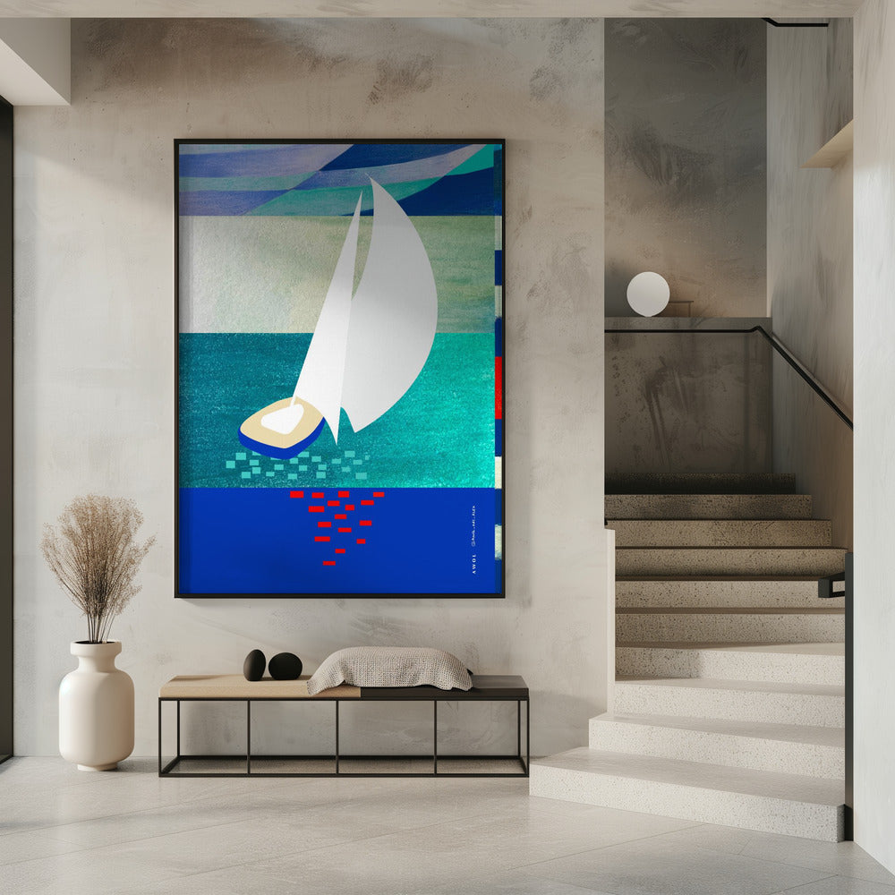 White Sailboat With Reflections, Abstract Sea Art With Graphic Stripes | Poster