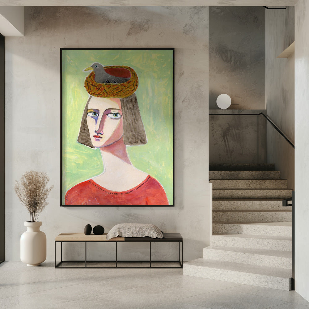 Bird Lover with Bird Nest on Head | Poster