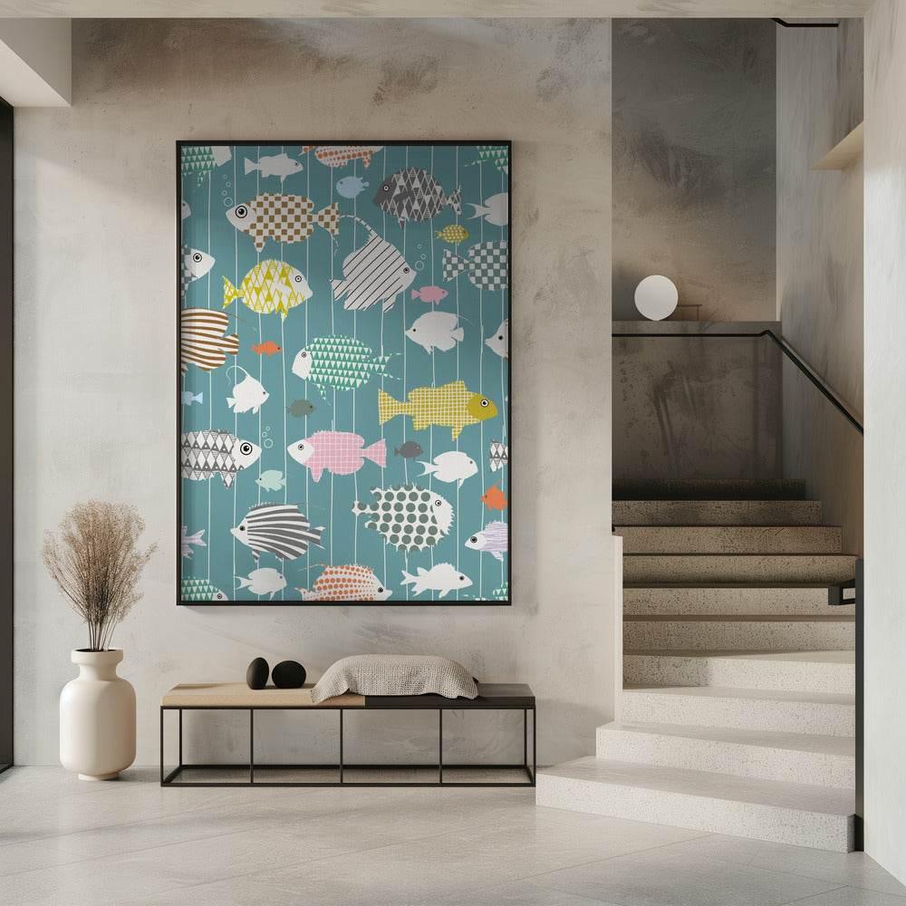 Fresh fish on teal pattern | Poster
