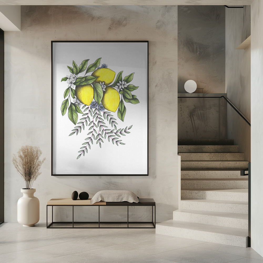 Lemons and Green leaves with Delicate White Blossoms | Poster