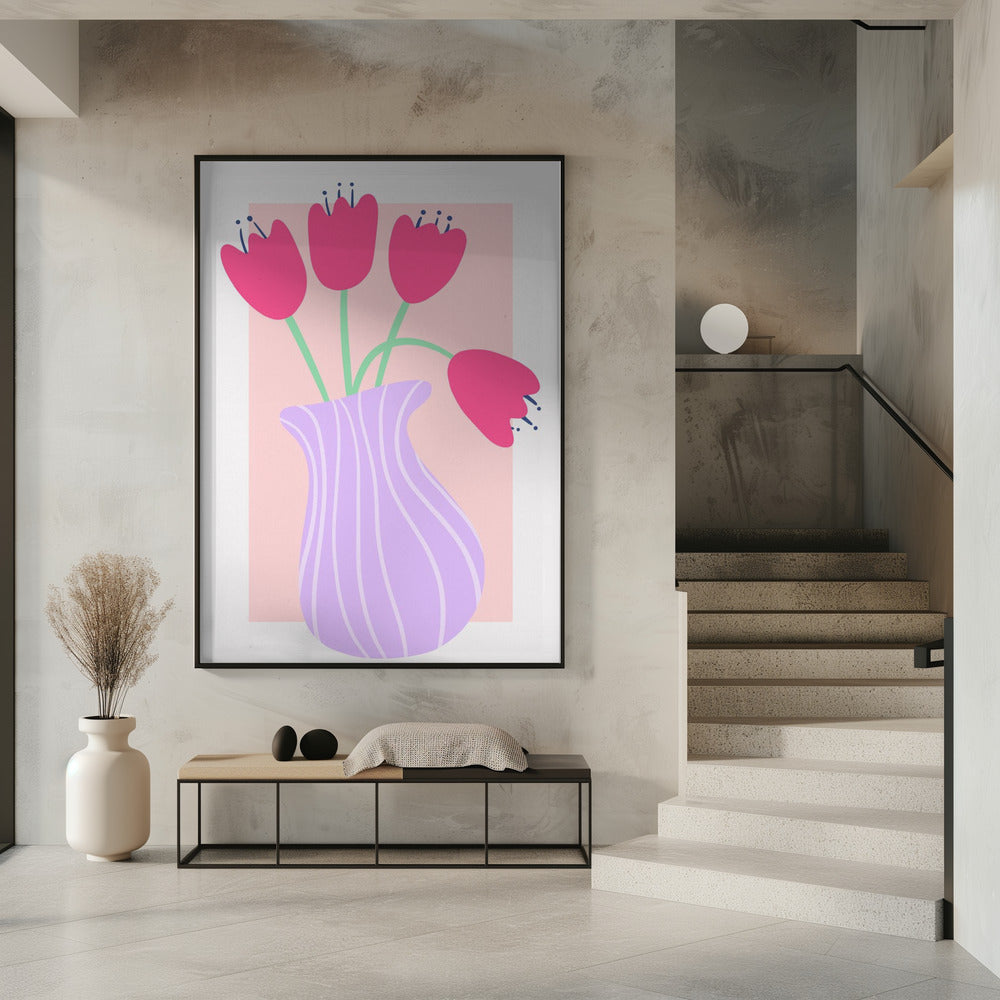 Vibrant Tulips in a Striped Lavender Vase | Poster