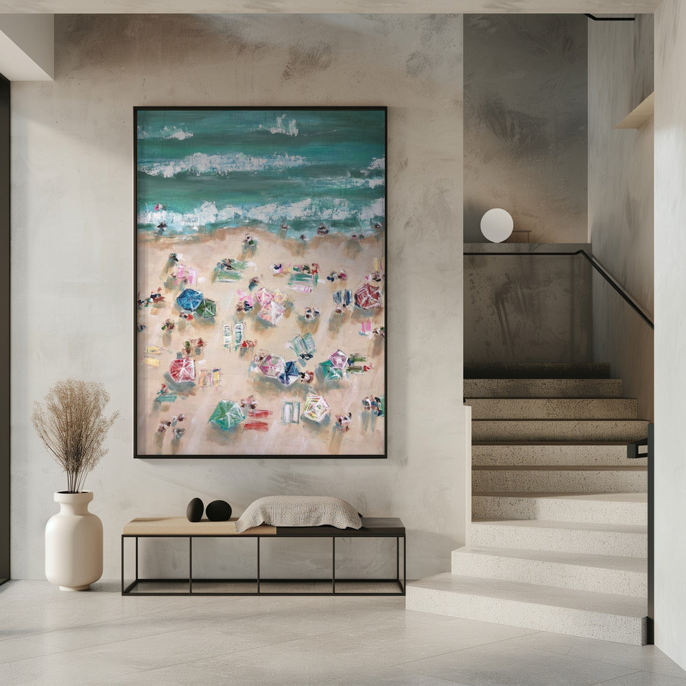 Colorful Umbrellas and Sunbathers on a Sandy Shore | Poster