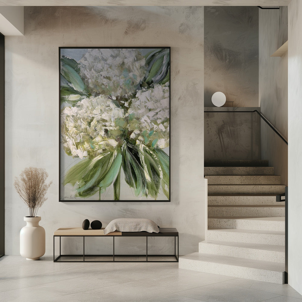 White Hydrangeas with Lush Green Leaves | Poster