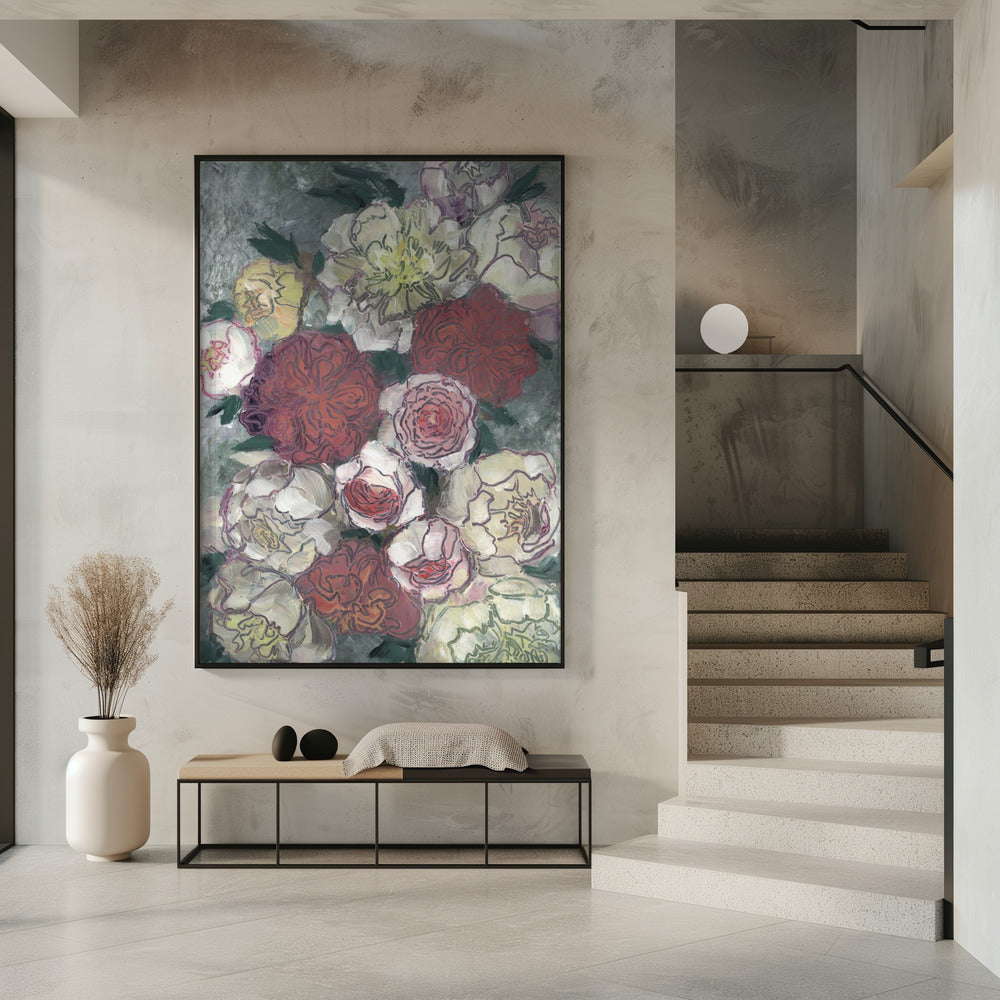 Vibrant Red And White Peonies | Poster