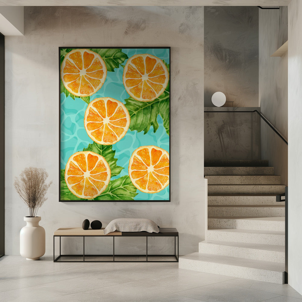 Vibrant Aesthetic Pattern of Orange Slices and Leaves - Refreshing Summer Watercolor | Poster