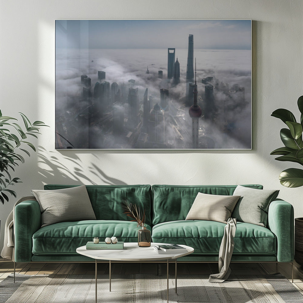 Shanghai in the fog from above | Canvas