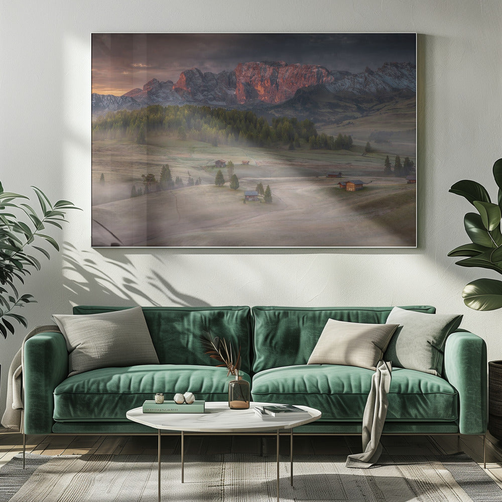 Burning mountains over the frozen valley | Canvas