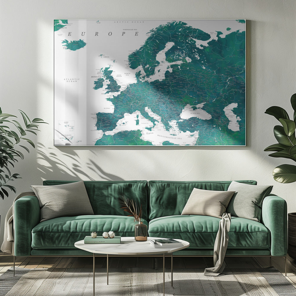 Teal detailed map of Europe | Canvas