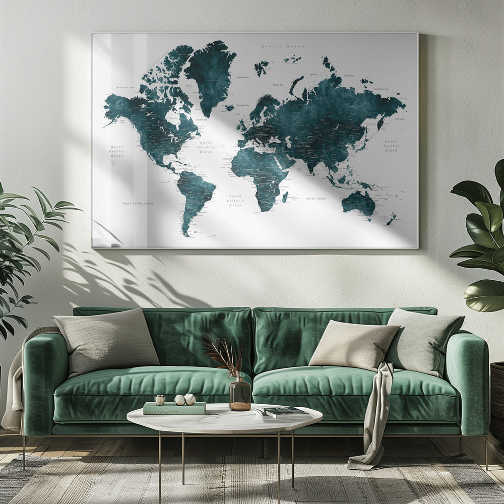Dark teal world map with cities, Makani | Canvas