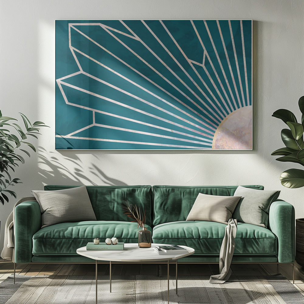 Gold geometric sun rays mural turquoise | Canvas