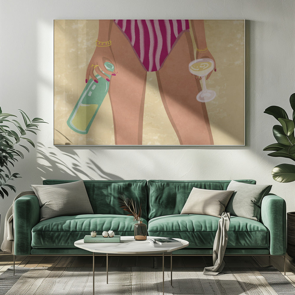 Girl with wine at the beach | Canvas