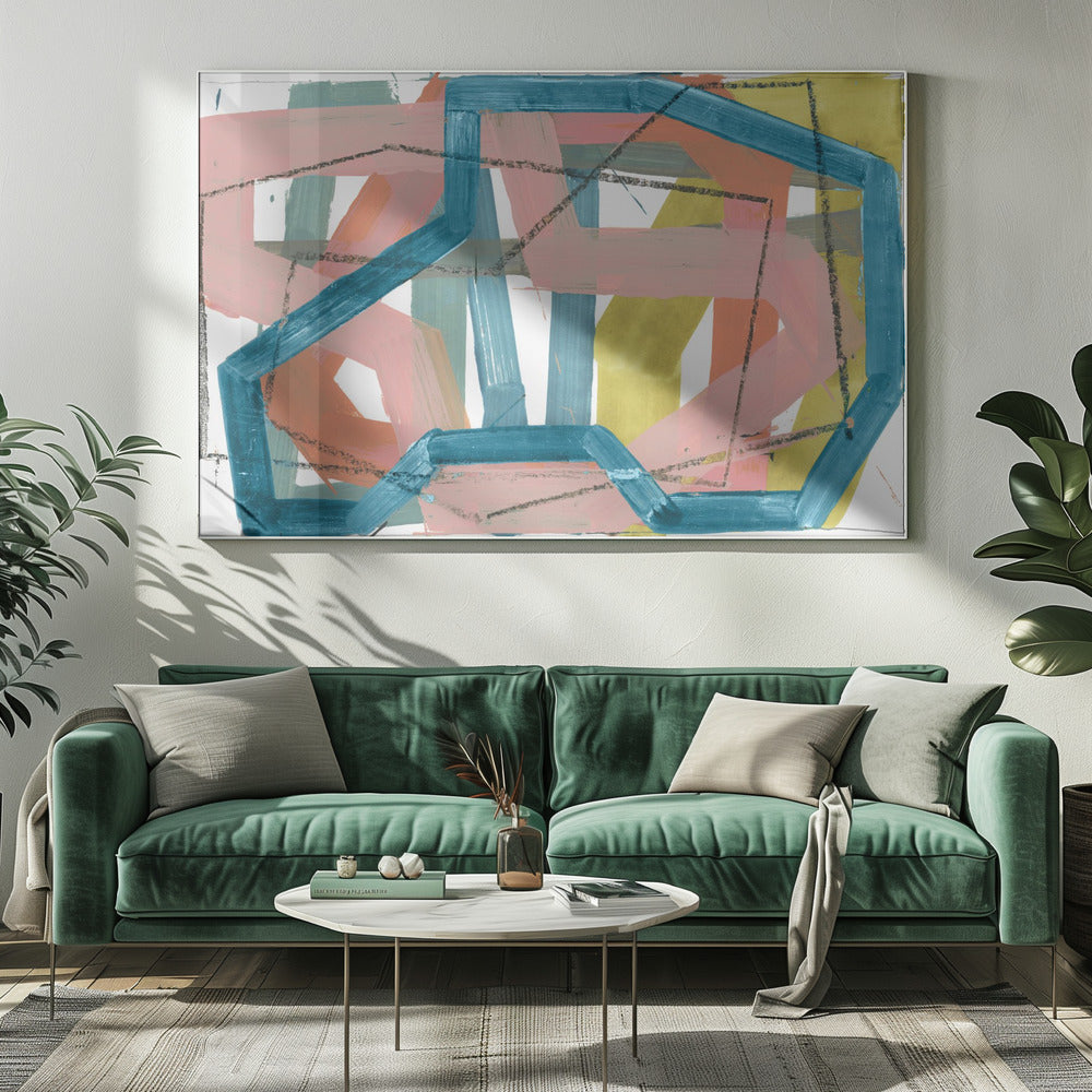 Blue &amp; Pink Abstract Lines Art Print | Canvas