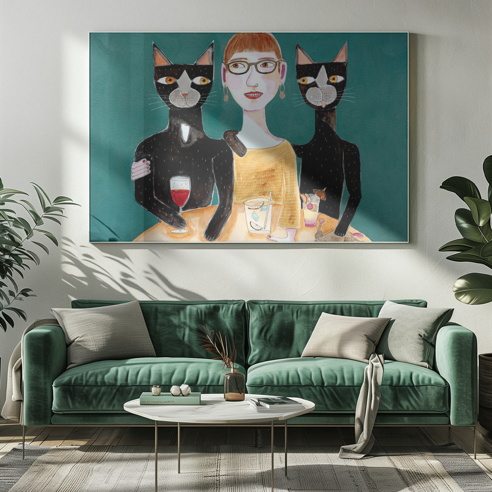Lady with her two black cats having drinks | Canvas