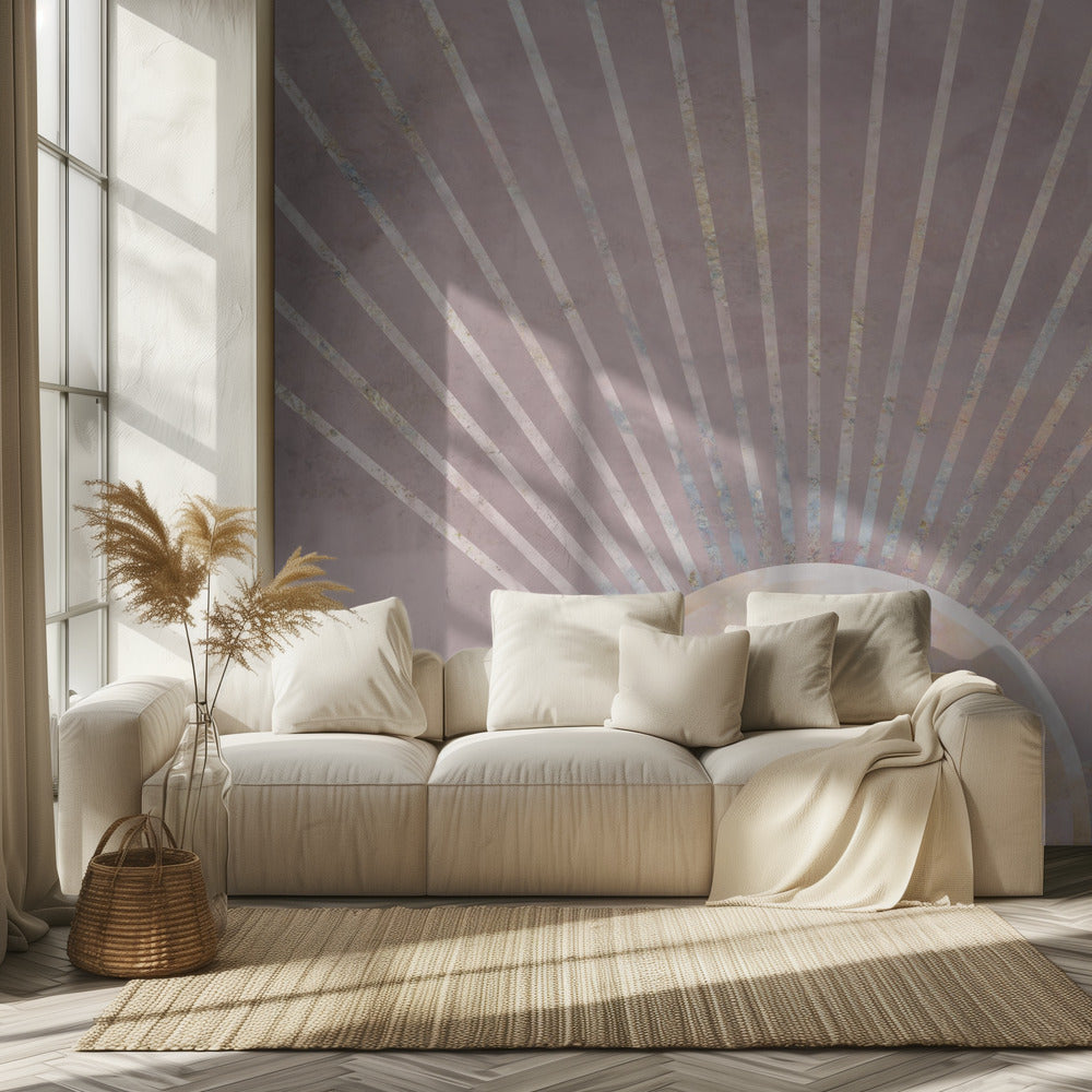 Gold sun rays mural pink | Wallpaper