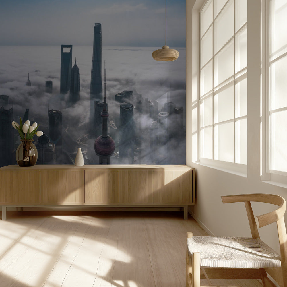 Shanghai in the fog from above | Wallpaper