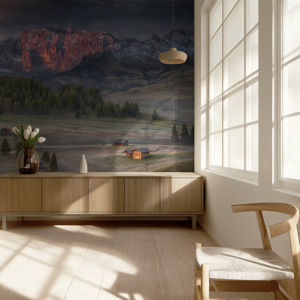 Burning mountains over the frozen valley | Wallpaper