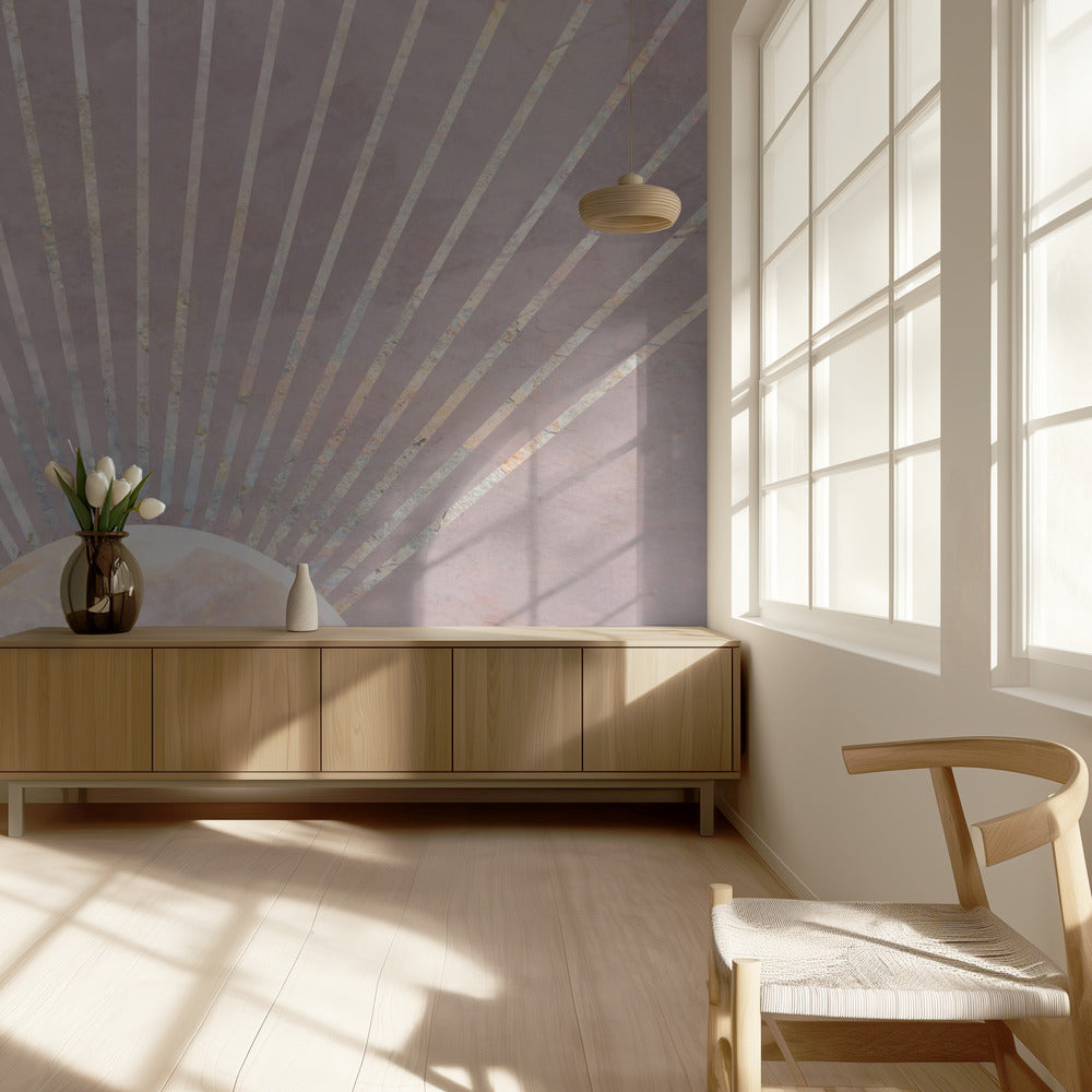 Gold sun rays mural pink | Wallpaper