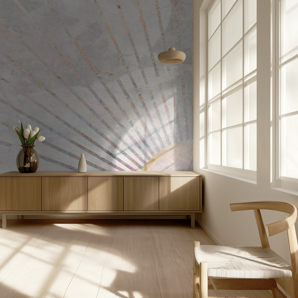 Gold geometric sun rays mural concrete | Wallpaper